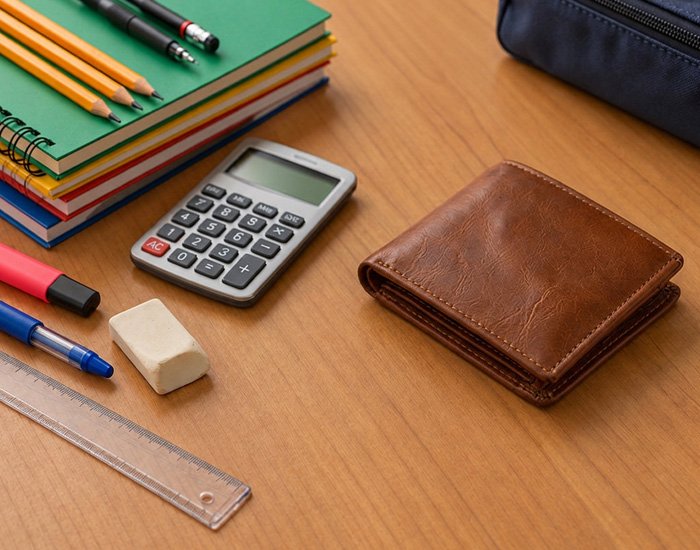 Material escolar, calculadora e carteira sobre uma mesa 